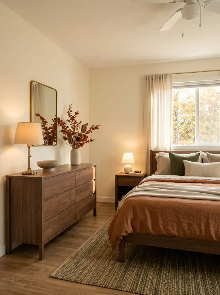 Fall bedroom dresser styled with warm lamp, autumn branch, ceramic bowl, and open functional surface.