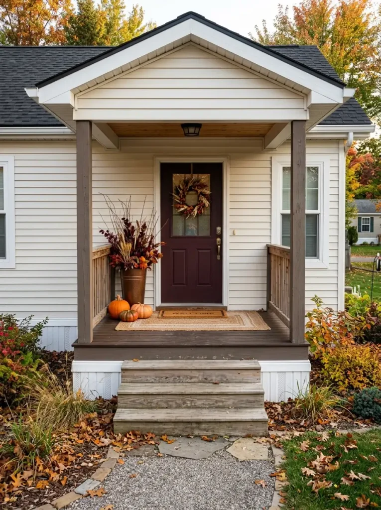 Double wide front porch decorated for fall with a wreath, copper-toned branches, natural gourds, and an open walkway.