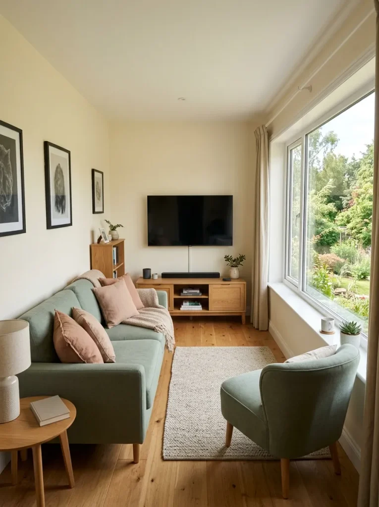 Single-wide living room with seating prioritizing a TV while a large picture window remains secondary.