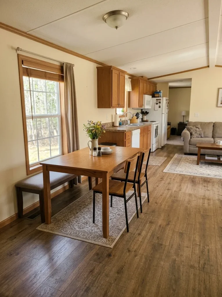 Double-wide dining table with a bench along the tighter wall side and chairs positioned toward the open circulation edge.