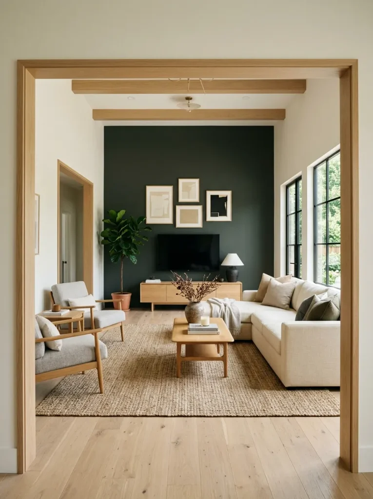 Double-wide living room with one deep olive-charcoal accent wall creating depth against lighter furniture and surrounding surfaces.
