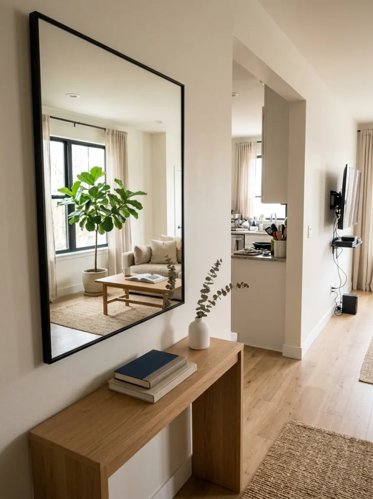 Entry mirror in a double wide reflects a bright window and calm living-room view instead of household clutter.