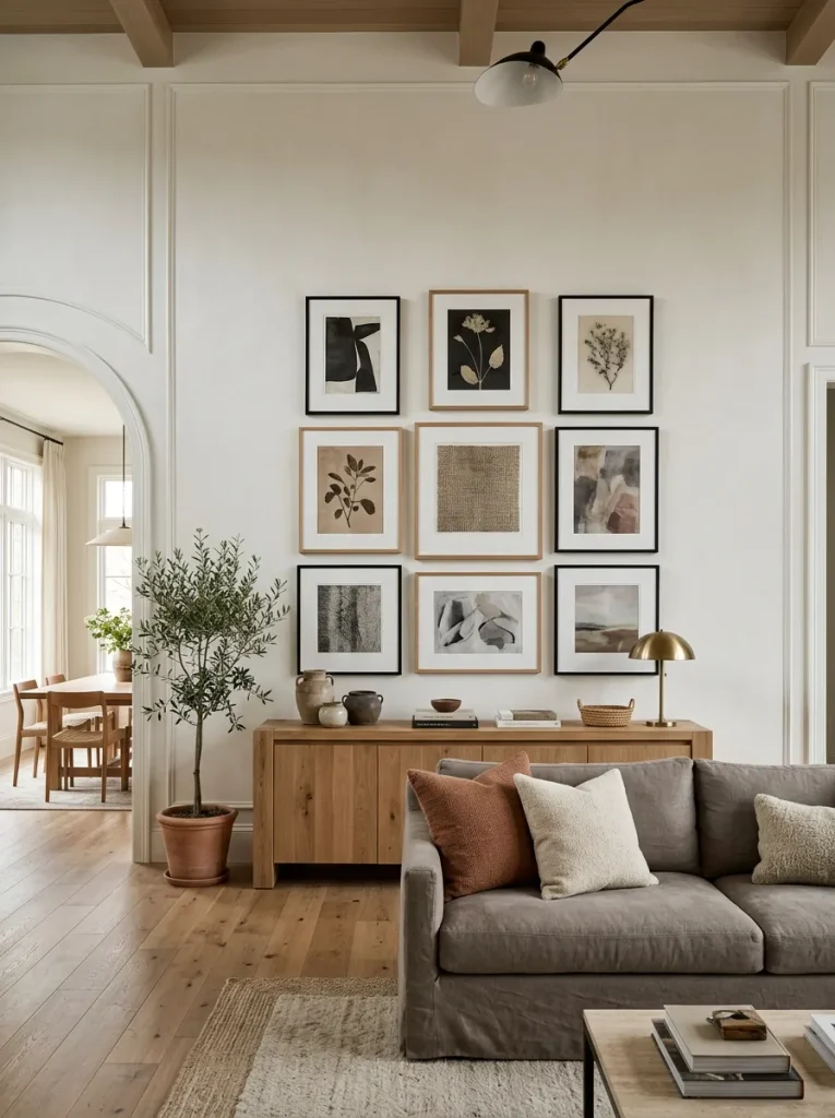 Large coordinated wall-art composition proportioned to the sofa and console on a long double-wide living-room wall.