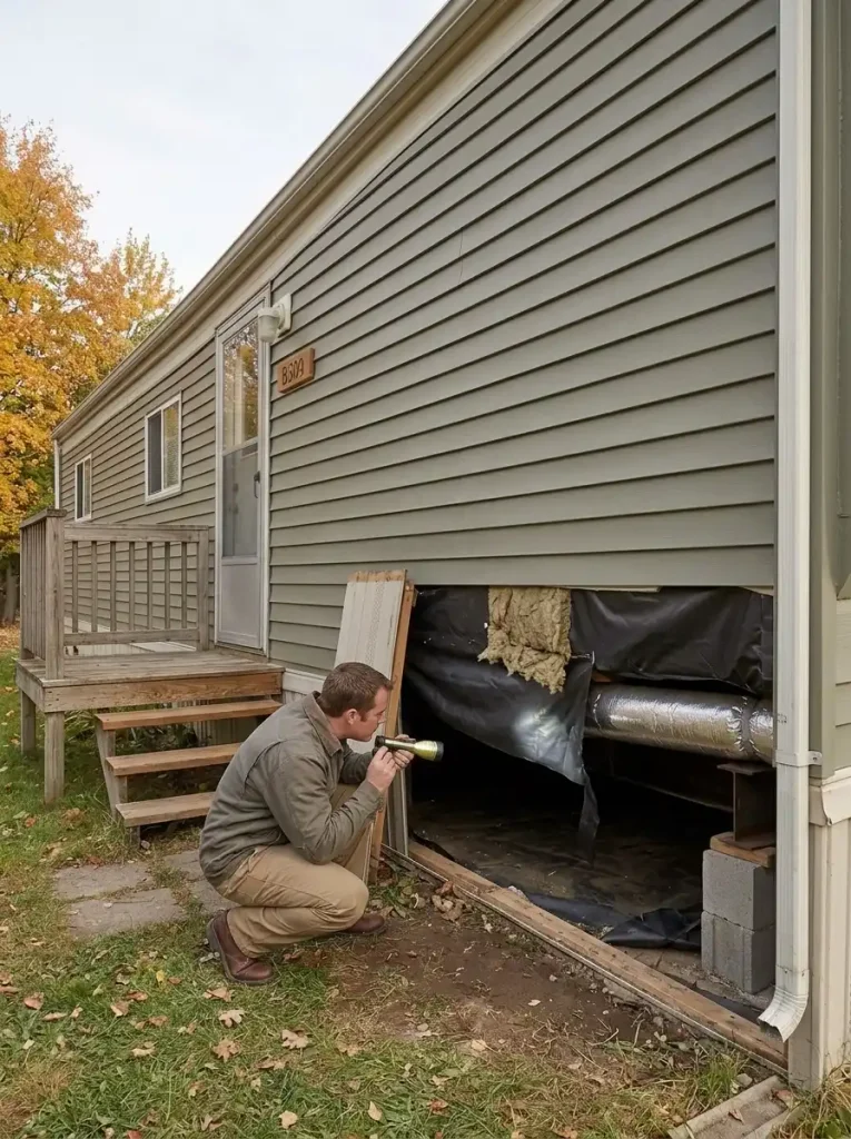Homeowner inspecting the underbelly, insulation, and duct area through an open section of mobile home skirting.