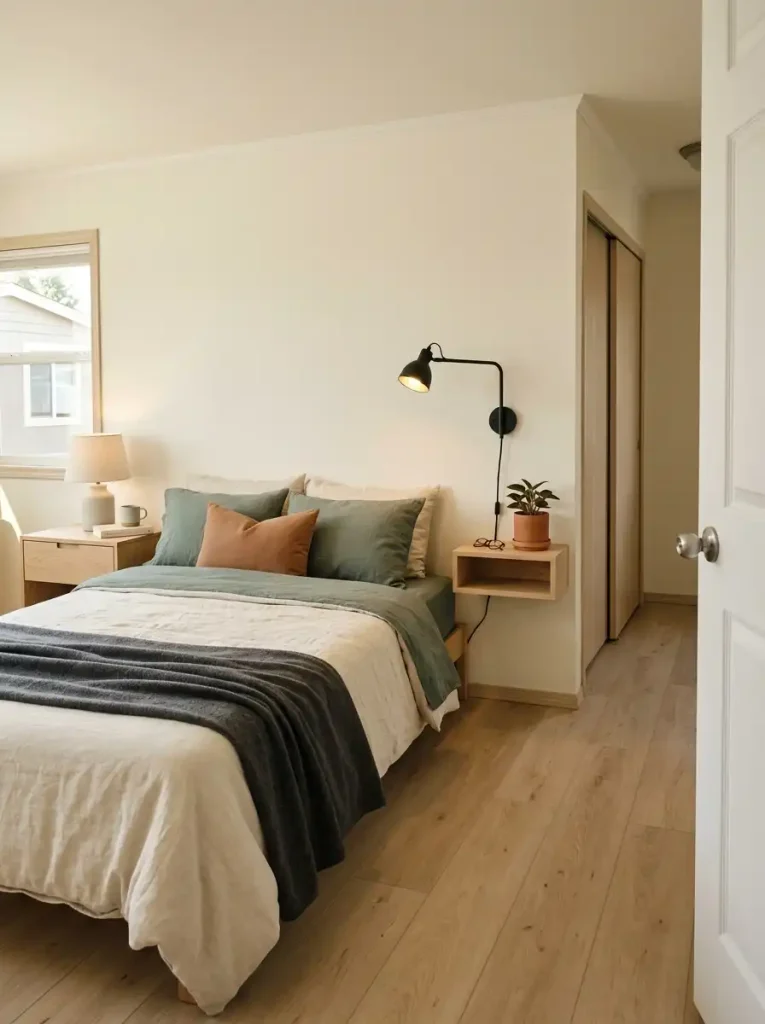 Single wide bedroom with a full nightstand on one side of the bed and a slim wall shelf on the side leading toward the closet.