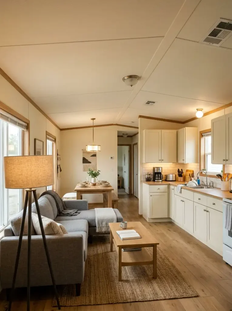 Different light fixtures marking the dining, kitchen, and living activities in a connected single wide open plan.