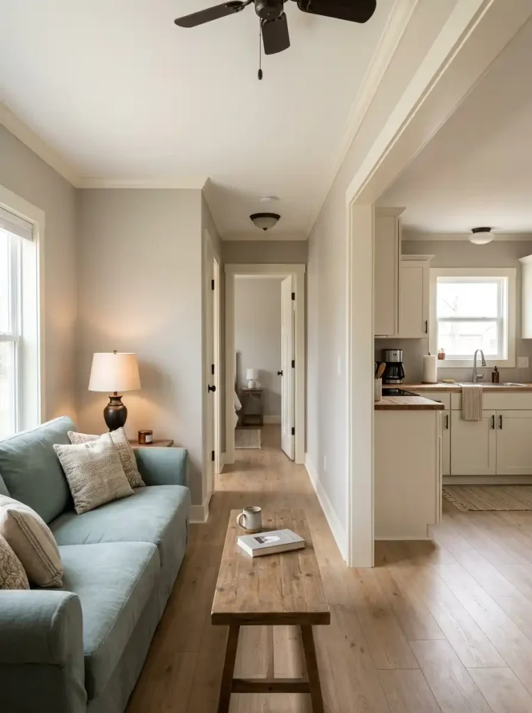 Connected single wide living room, hallway, and kitchen using the same warm white trim on doors, openings, and baseboards.