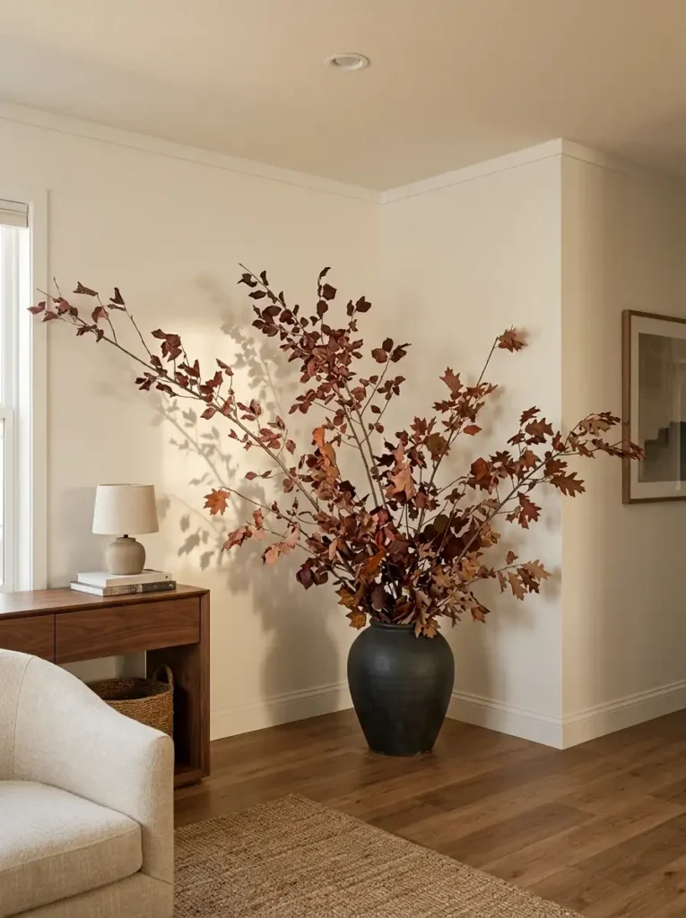 Large fall branch arrangement in a ceramic floor vase filling an empty double wide living room corner with rust and burgundy foliage.