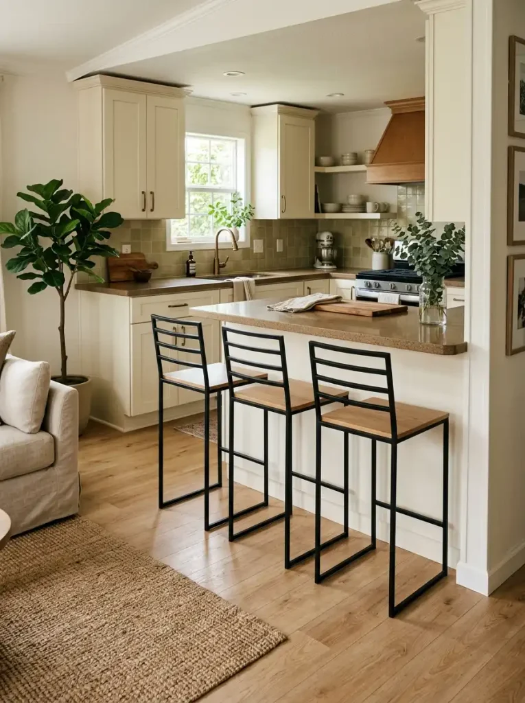 Single wide kitchen peninsula with slim open-back stools that preserve the view between the kitchen and living room.