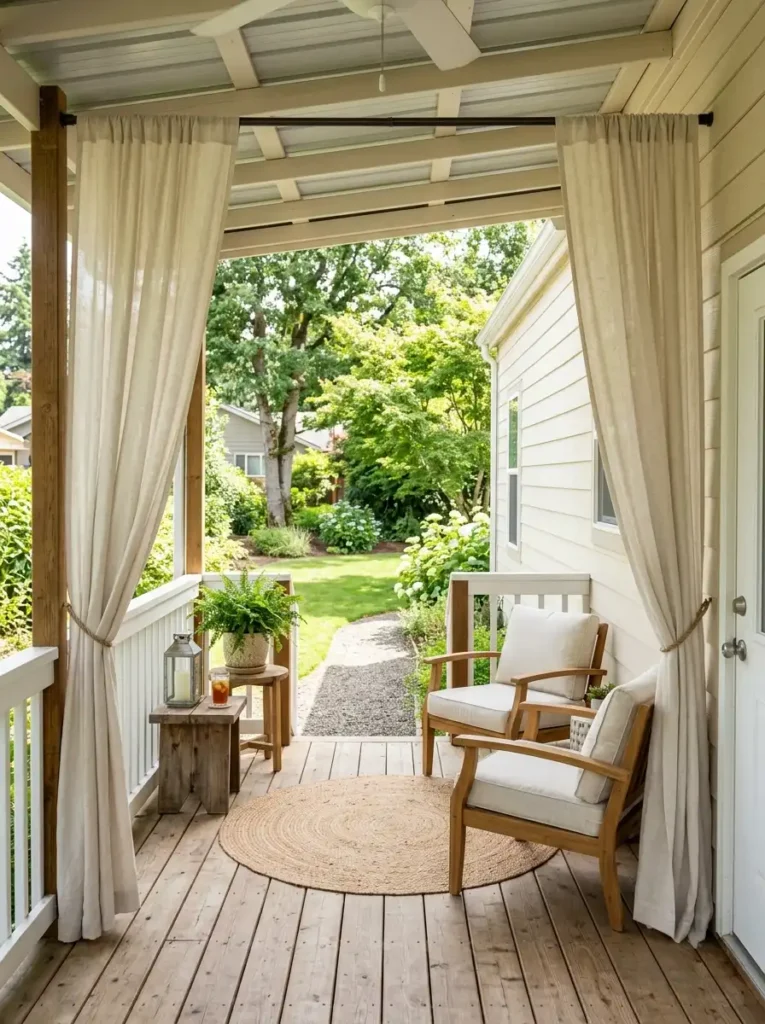 Covered mobile home porch with cream outdoor curtain panels framing compact seating and an open view of the summer yard.