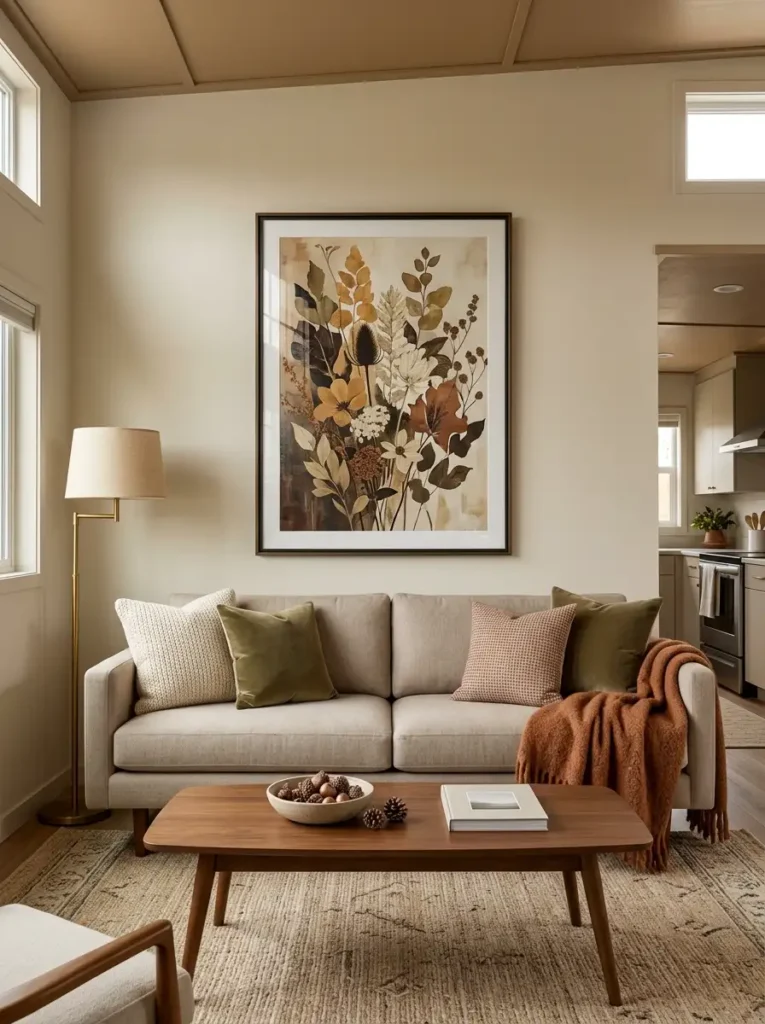 Large-scale botanical artwork gives a blank sofa wall seasonal character without relying on a collection of small decorative signs.