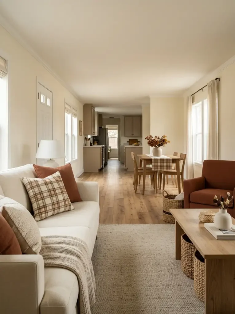 Connected single wide living and dining spaces with muted rust plaid repeated selectively on a sofa textile and dining runner.