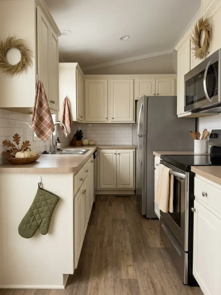 Fall mobile home kitchen with rust plaid towel, cream textured fabric, and muted olive textiles against light cabinetry.