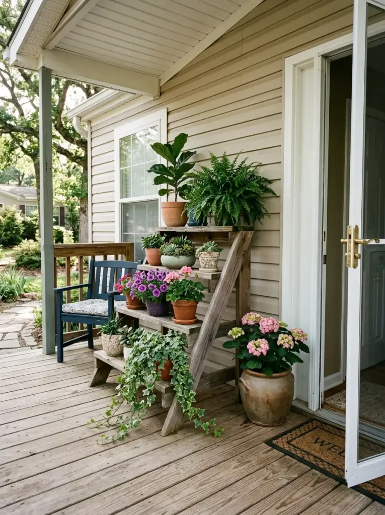 Mobile home porch with tiered wooden plant stand holding grouped summer plants beside an open and uncluttered walkway.