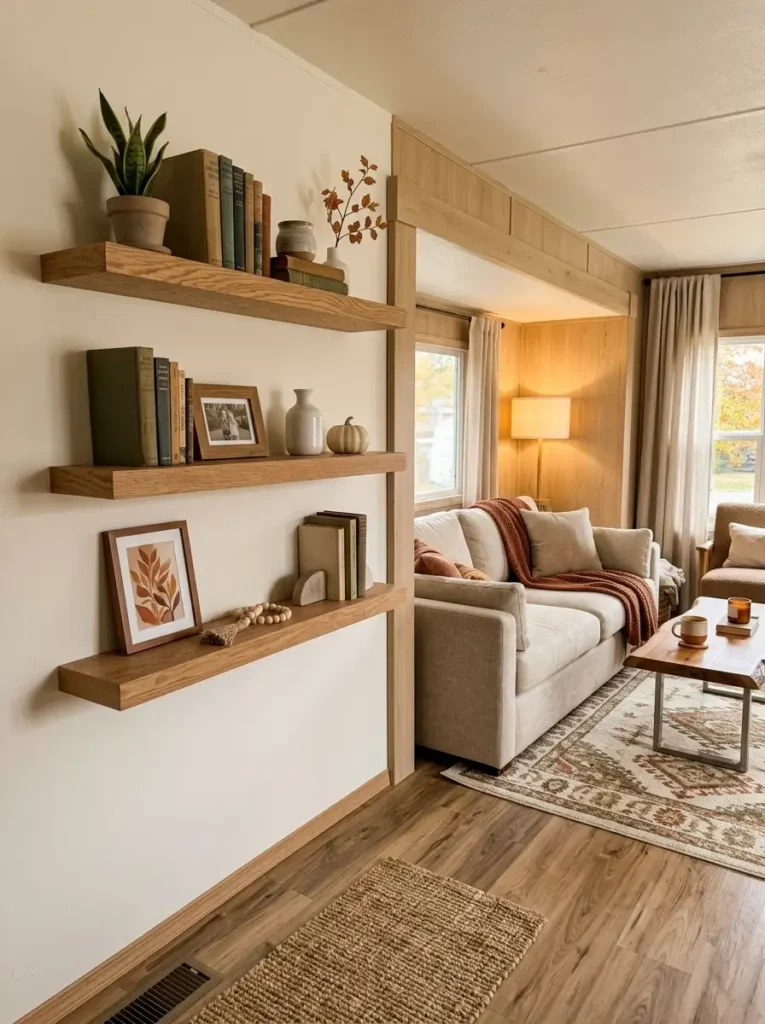 Vertical living room shelves styled with books, plants, ceramics, small fall accents, and autumn art above a neutral sofa.