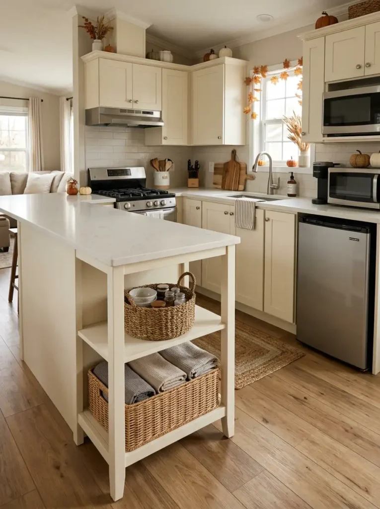 Mobile home kitchen with woven baskets stored beneath an island to add lower-level fall texture and practical storage.
