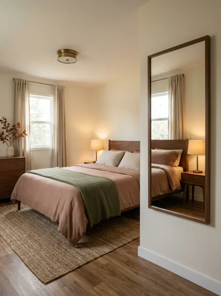 Mobile home bedroom mirror reflecting soft daylight, warm lamp light, and cozy fall bedroom decor.