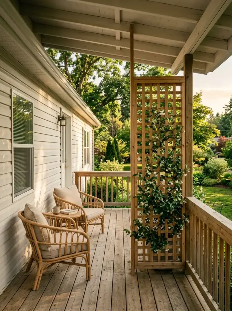 Mobile home porch with open wood trellis privacy screen, climbing greenery, compact seating, and visible summer yard beyond.