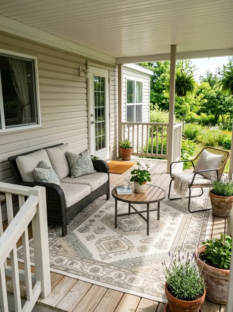 Mobile home porch seating area anchored by a large outdoor rug beneath compact chairs, loveseat, and coffee table.