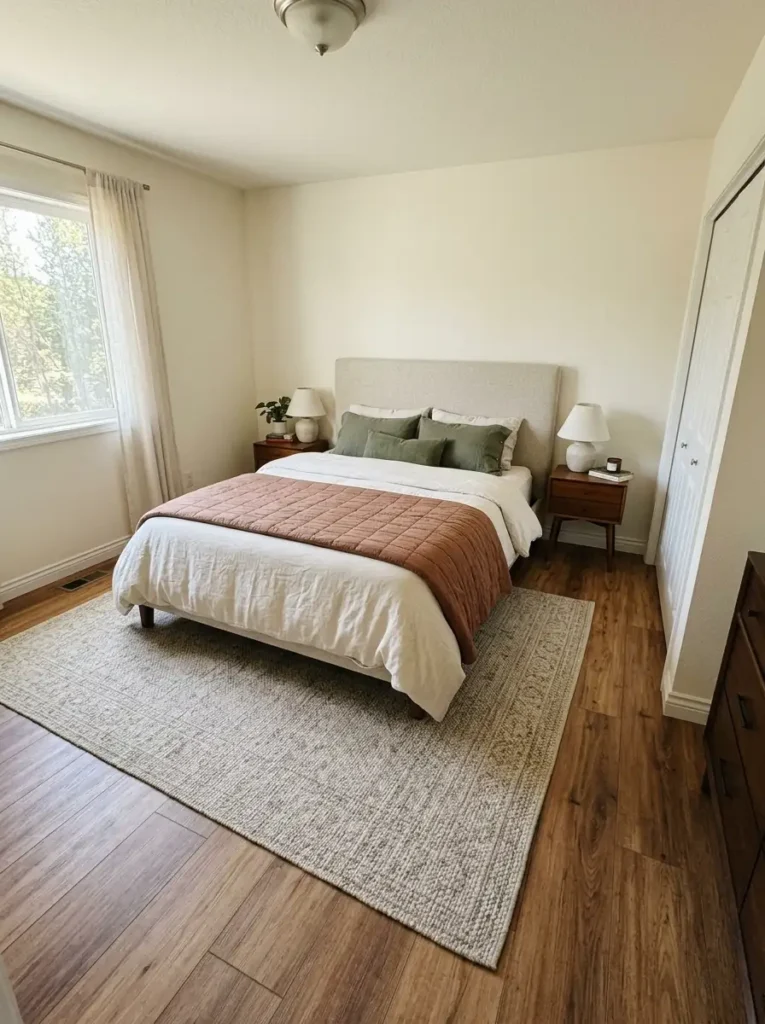Mobile home bedroom with large woven rug extending around the bed for balanced fall bedroom proportions.