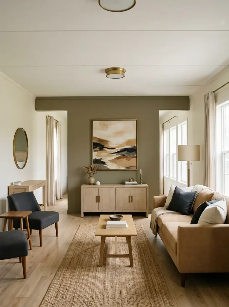 Long single wide living room ending at a muted accent wall with one large artwork and a low grounded cabinet.