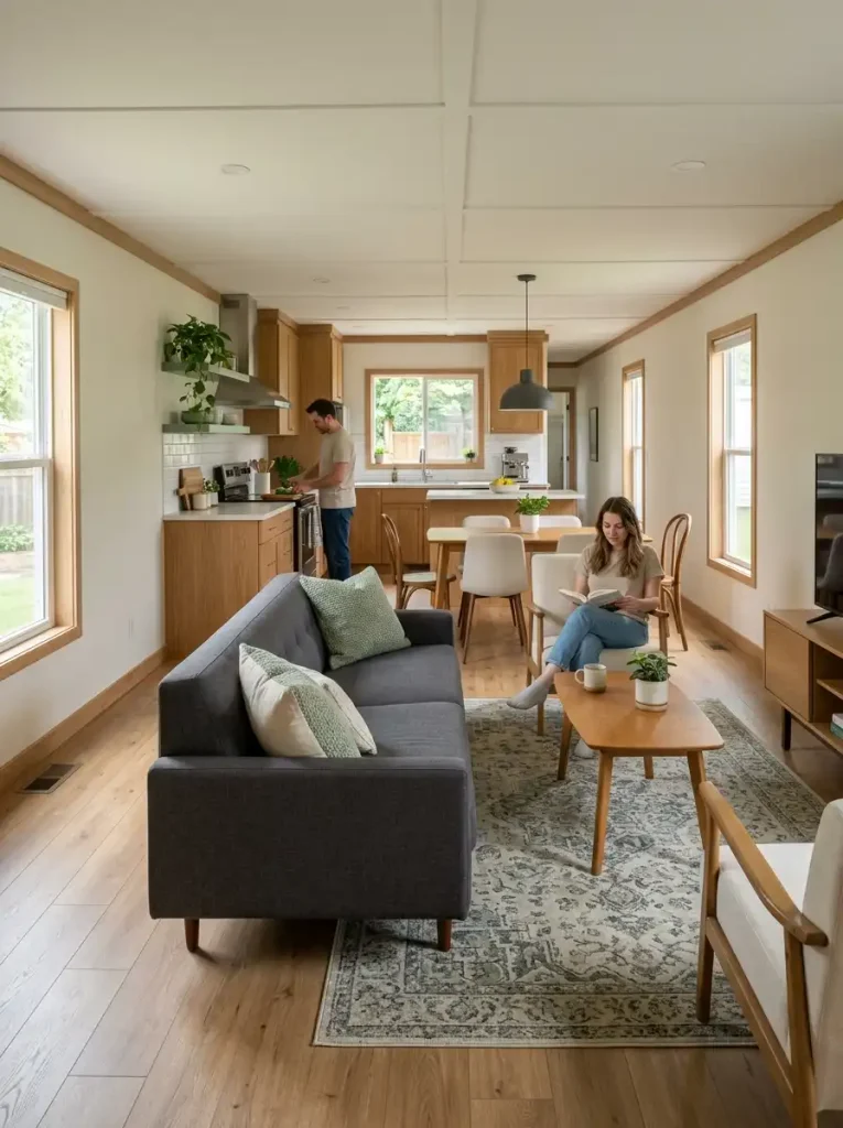 Sofa back creating a soft boundary between the living area and dining-kitchen zone in an open single wide.