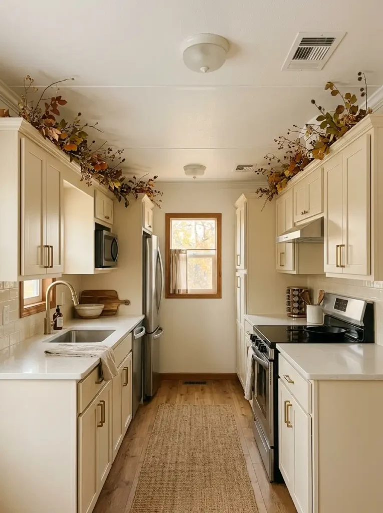 Narrow mobile home kitchen with lightweight autumn foliage styled above cream cabinets and clear counter space below.