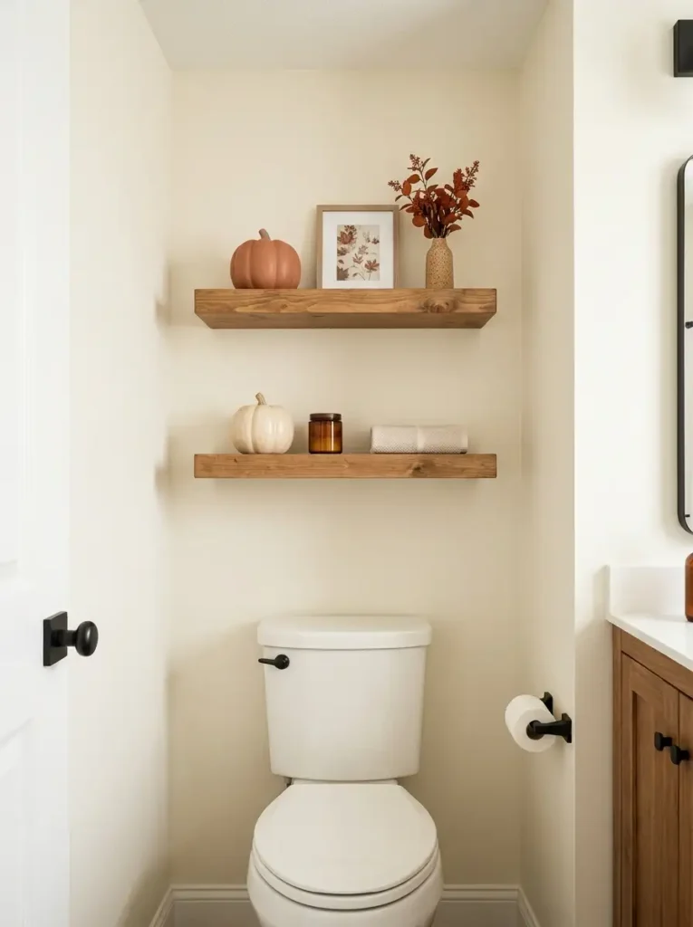 Rustic floating bathroom shelves above a toilet styled with a few fall pumpkins, amber glass, framed art, and restrained foliage.