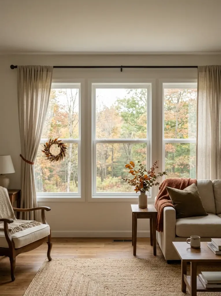 Double wide living room windows lightly decorated for fall with muted rust accents and foliage while keeping the glass clear.
