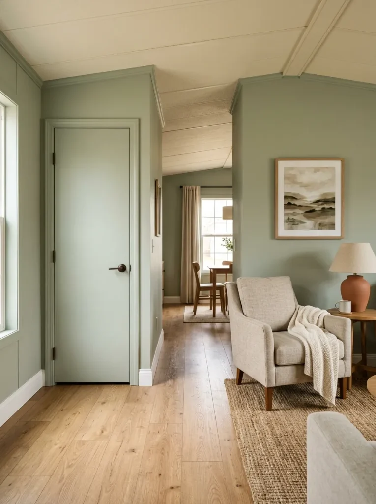 Single-wide utility door blending quietly into the wall while the nearby living area draws attention.