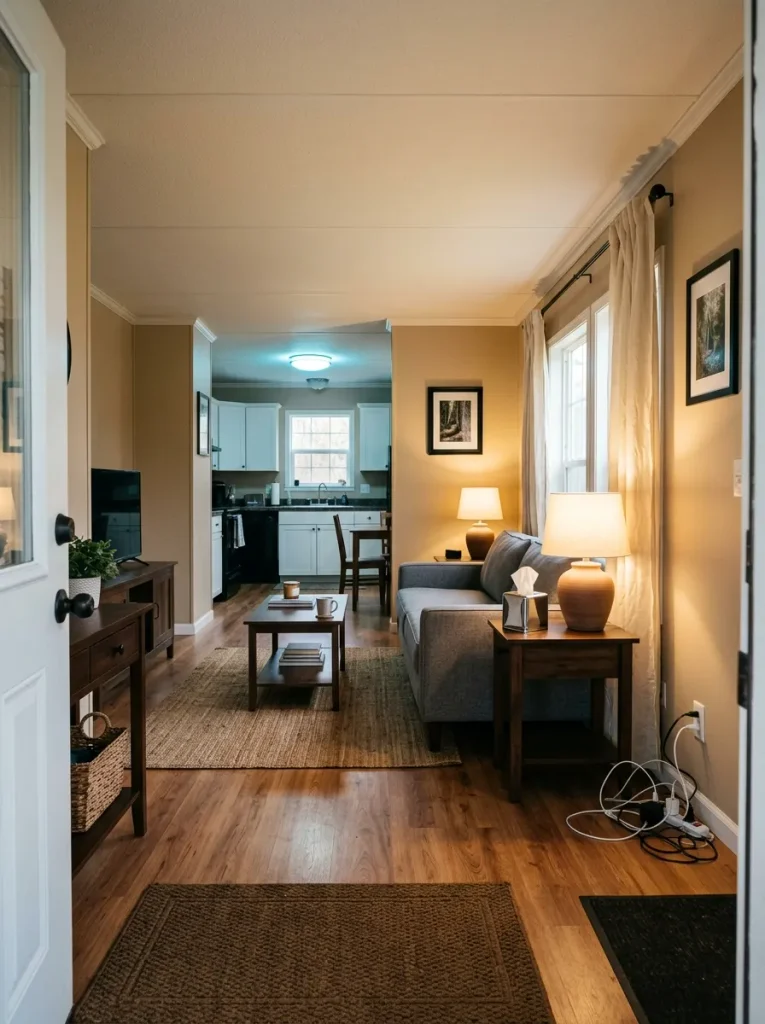 Single-wide interior showing exposed cords, wrinkled curtains, mismatched lighting, and an isolated finish visible from the entry.