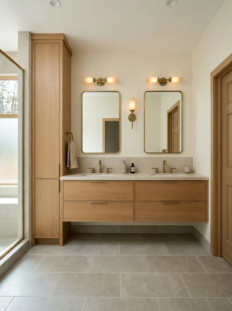 Modern double wide bathroom with vanity, mirrors, lighting, storage, and wall finish aligned as one coordinated elevation.