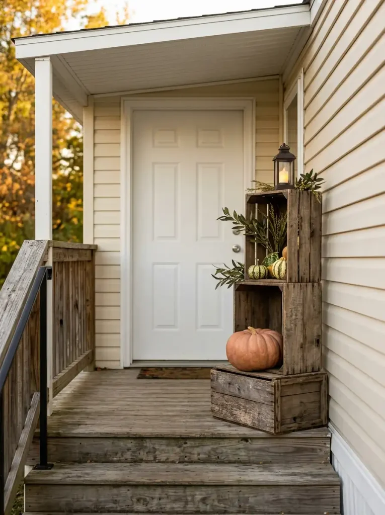 Small mobile home porch with stacked wooden crates, pumpkins, foliage, and a battery lantern beside the front door.