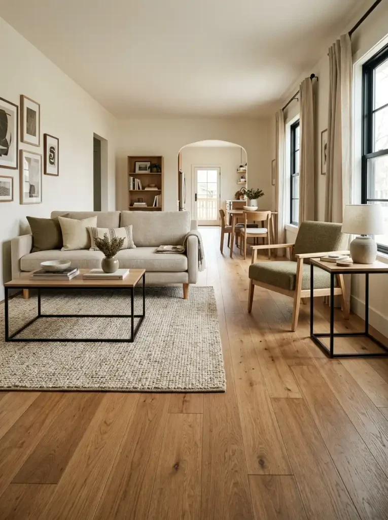 Single-wide living room with raised furniture revealing more continuous floor around the seating area.