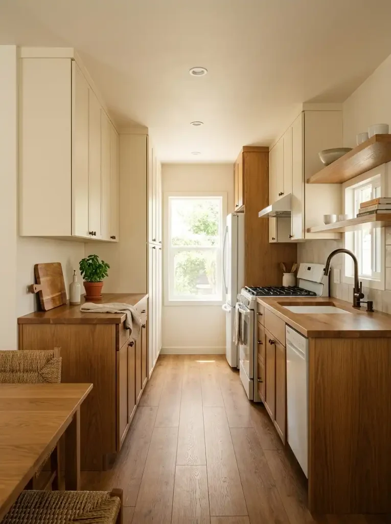 Single-wide galley kitchen with calm light upper cabinetry and more visual weight below the counter line.