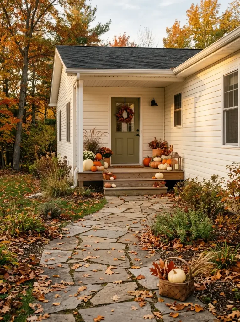 Fall mobile home exterior with decorated porch, pumpkins on steps, and a subtle seasonal accent beside the walkway.