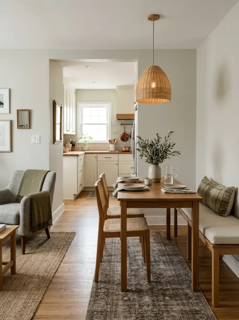 Wall-side dining bench keeping the circulation edge clearer in a narrow single-wide dining area.