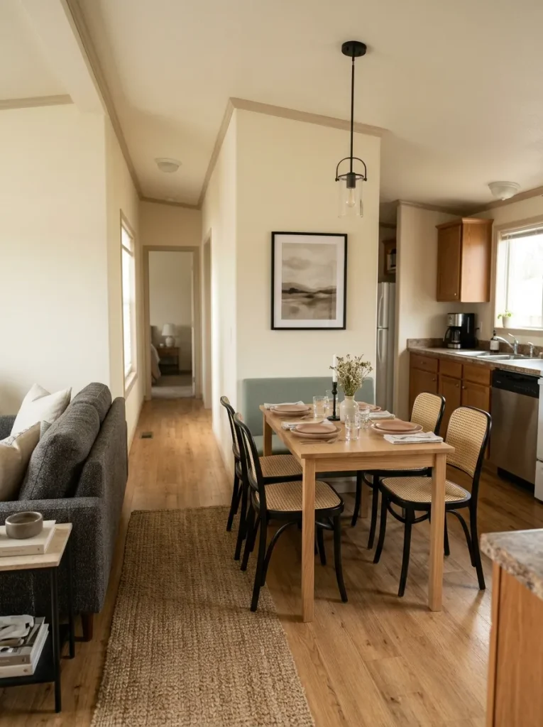 Narrow single-wide dining area with a wall-side bench and clear walkway beside the table.
