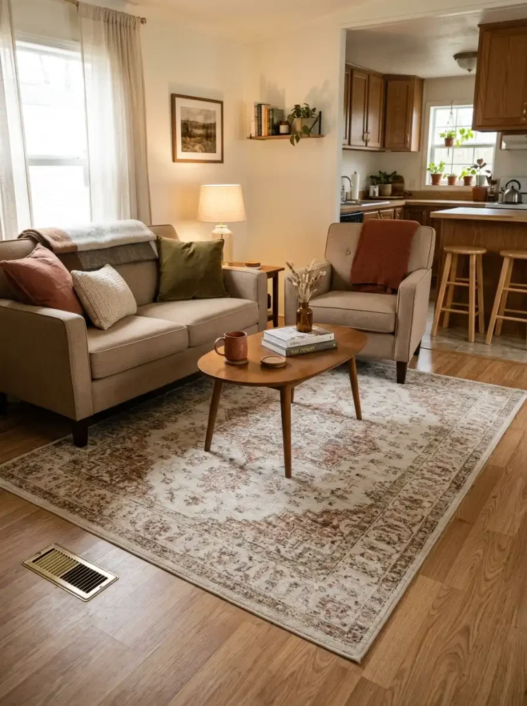 Mobile home living room with a low-pile cream, rust, brown, and olive rug beneath the seating area