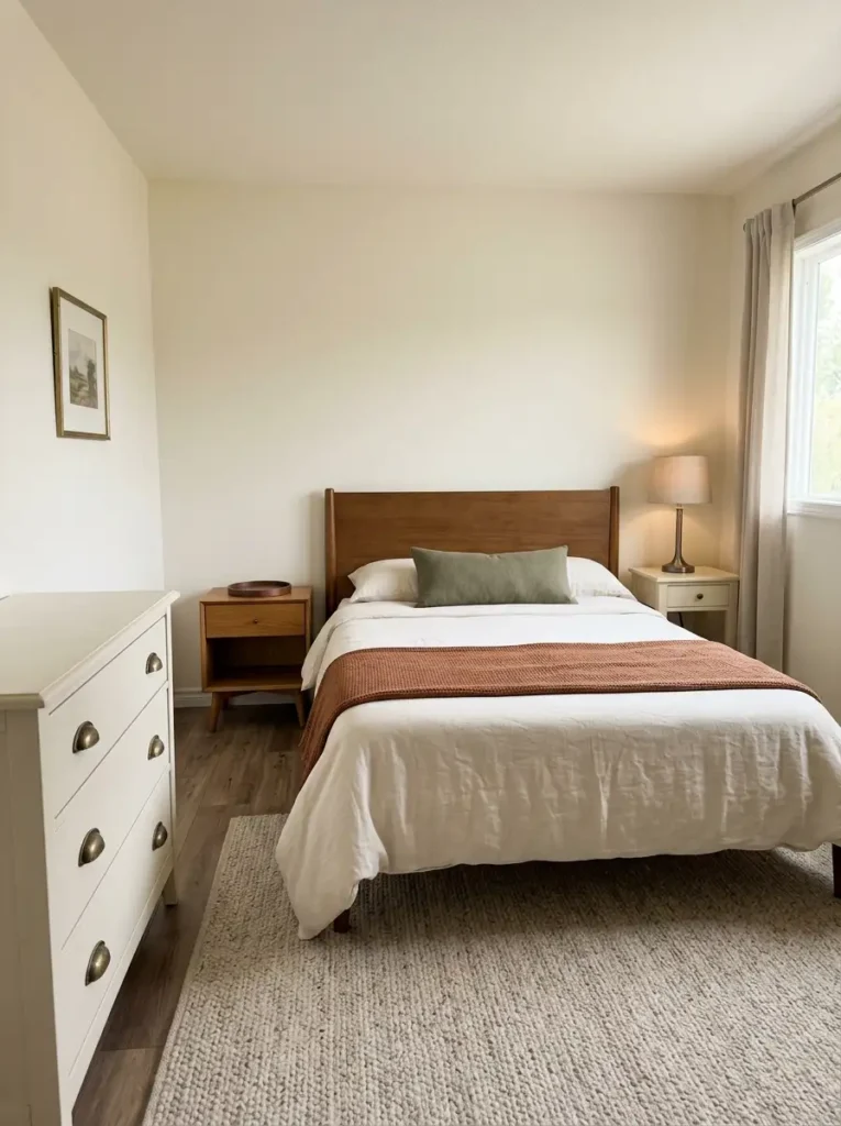 Mobile home bedroom with antique brass hardware, warm wood accents, and cozy fall furniture details.