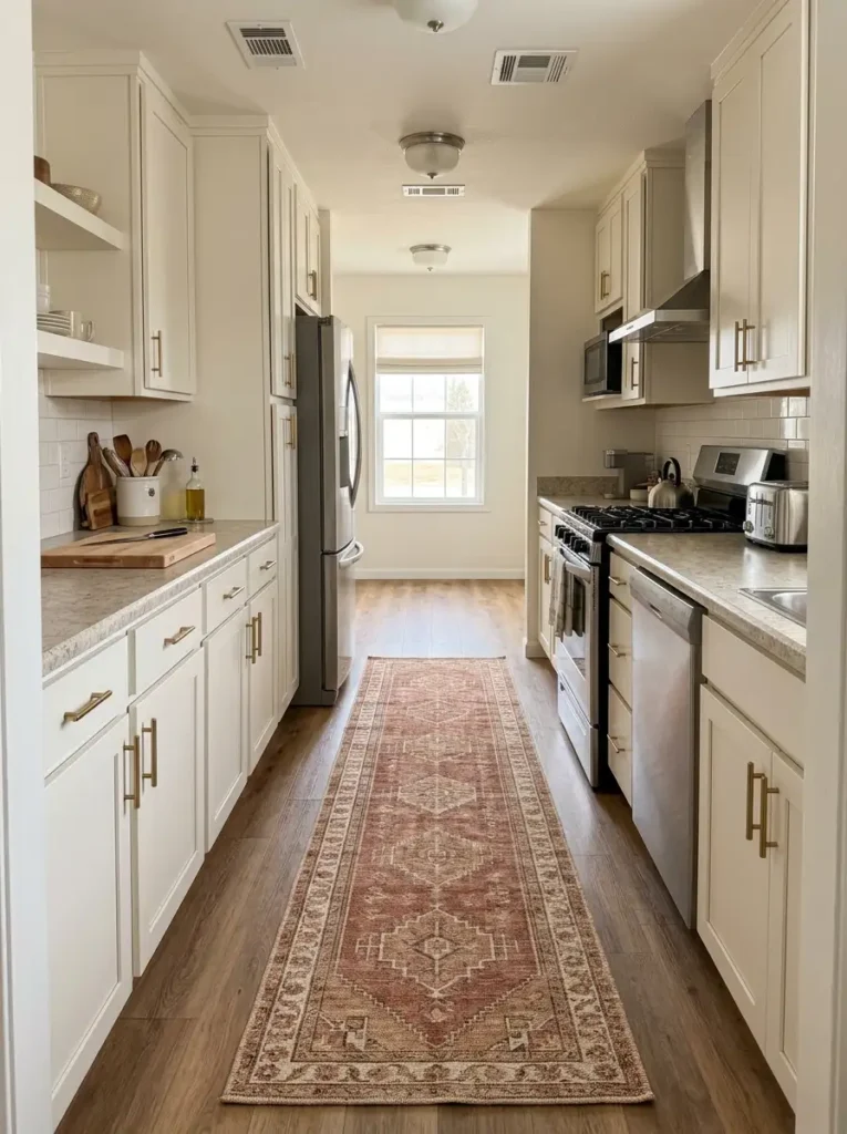 Narrow mobile home galley kitchen with a long washable rust and cream runner extending through the central aisle.