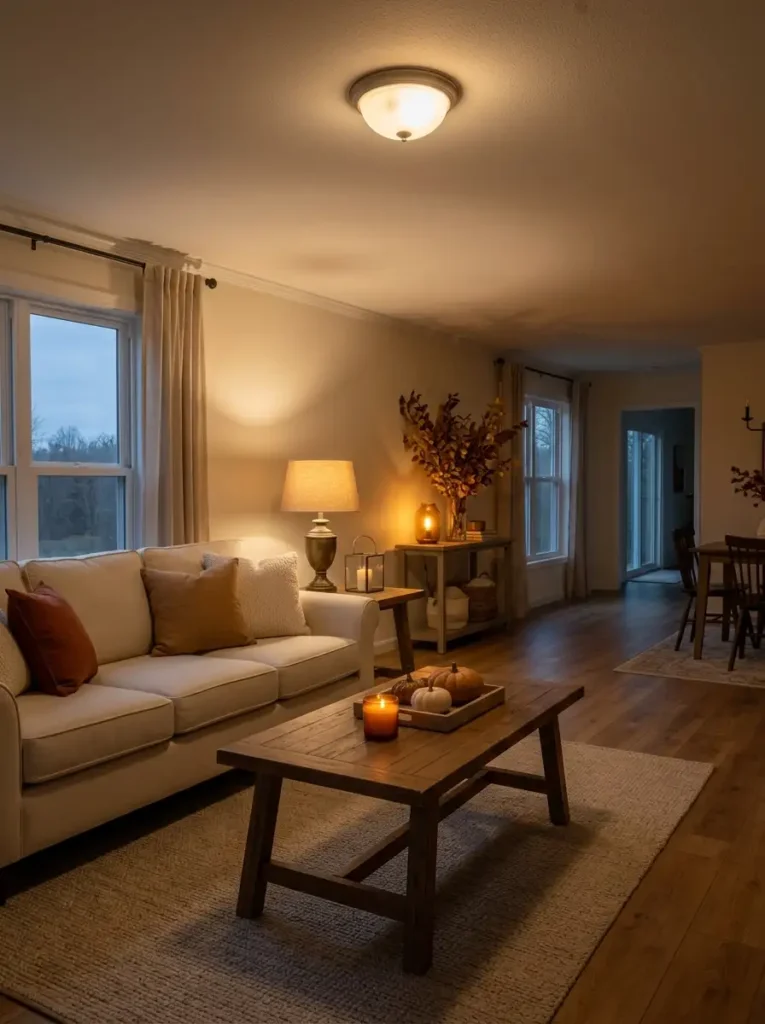 Cozy single wide living room at evening with layered warm lamps, amber candlelight, cream seating, rust textiles, and fall decor.
