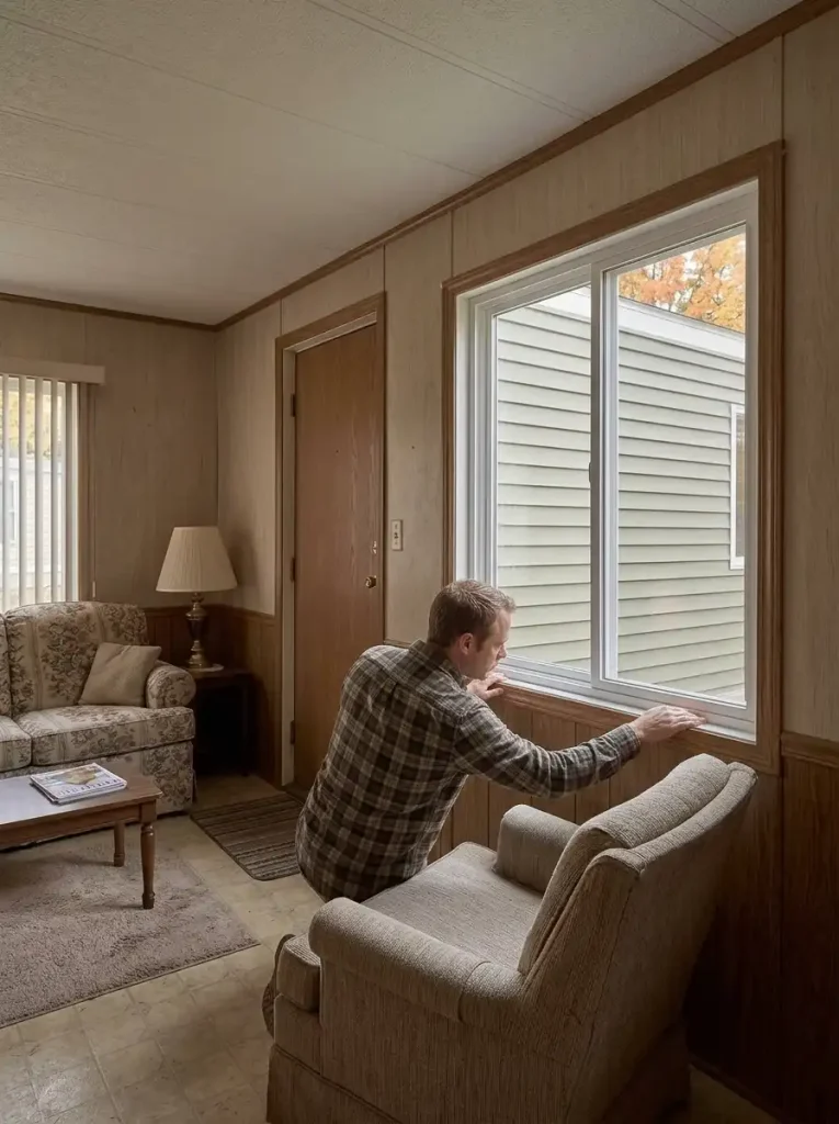Homeowner checking a mobile home window for proper closure and weatherstripping before winter.