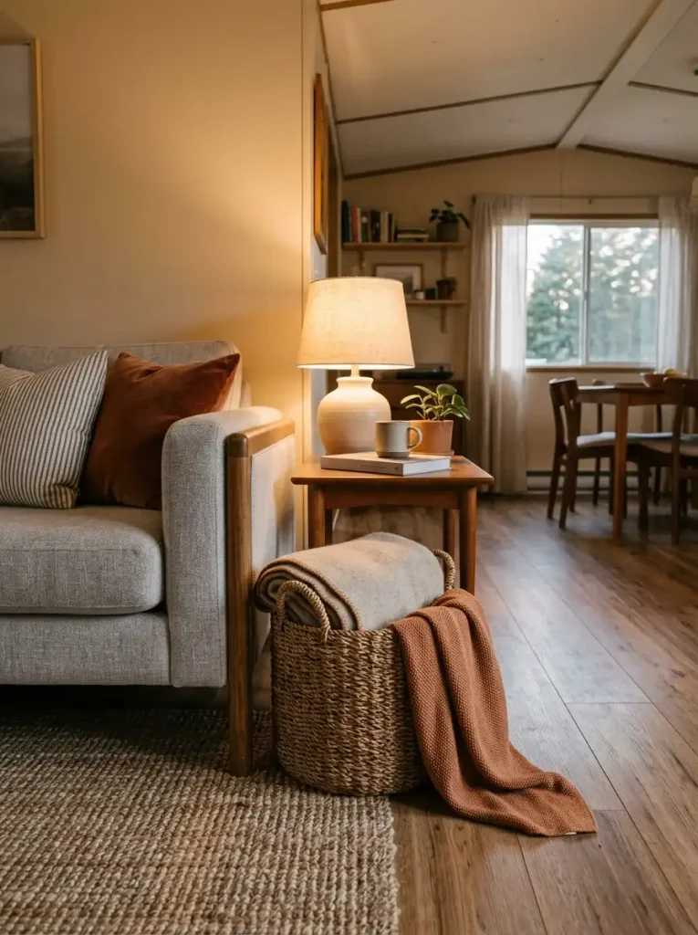 Woven basket beside a mobile home sofa holding oatmeal and cinnamon fall throws