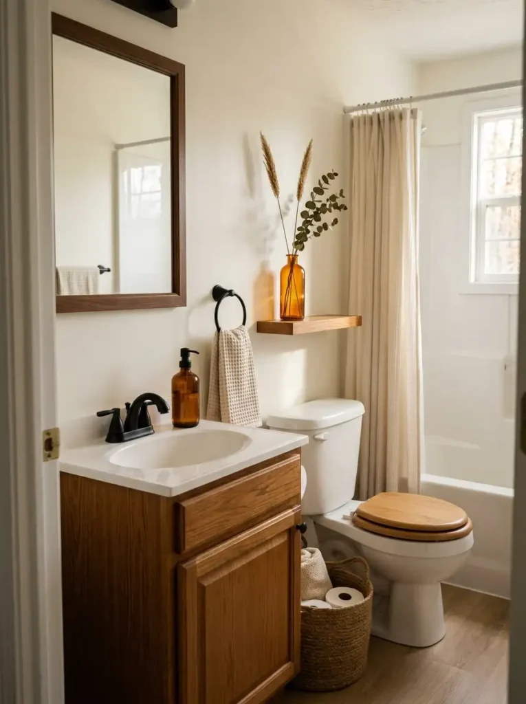 Neutral mobile home bathroom with amber glass soap dispenser and vase beside a white sink and warm oak vanity.