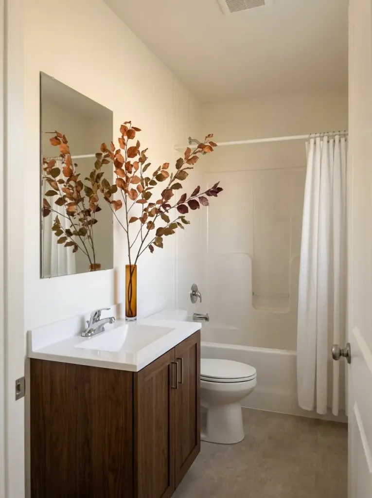 Compact bathroom vanity with tall sparse autumn branches in a narrow vase beside a mirror and warm wood cabinetry.