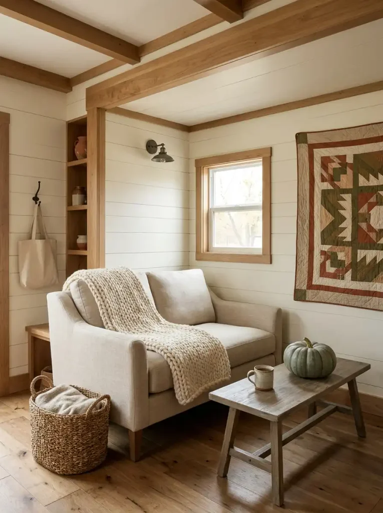 Clutter-free farmhouse fall decor in a small mobile home