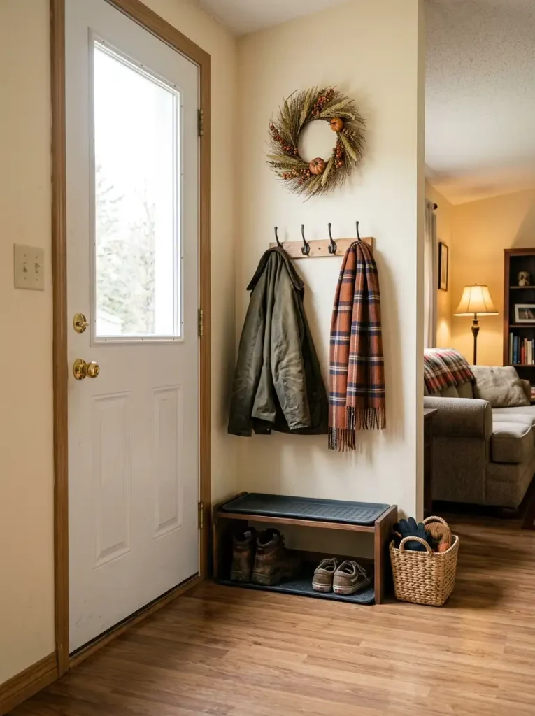 Compact mobile home entry with a wooden shoe rack, coat hooks, plaid scarf, woven basket, and organized wet-weather storage.