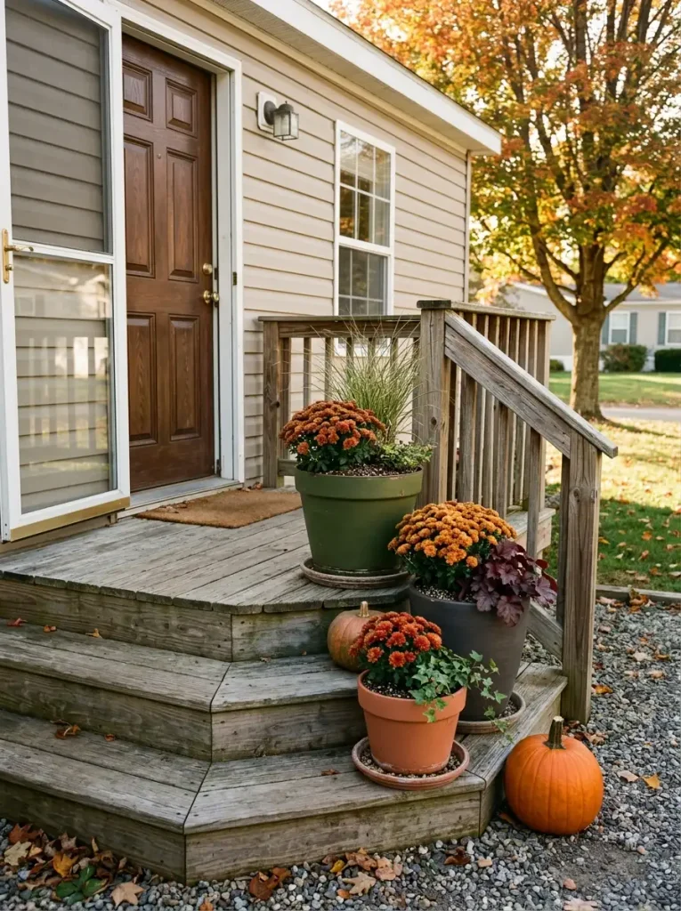 Mobile home porch with coordinated olive, charcoal, and terracotta planters filled with mums, grasses, and autumn foliage.