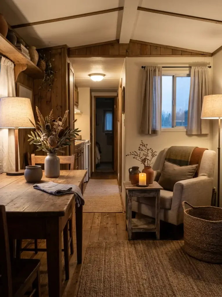 Warm evening lighting highlighting farmhouse fall textures in a mobile home